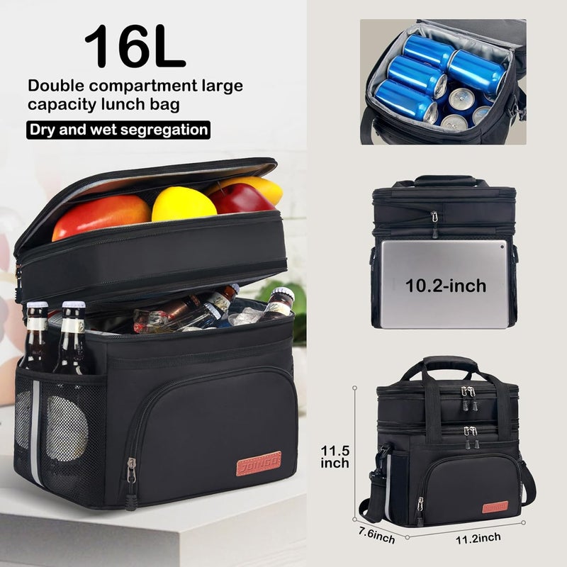 JOINGO Lunch Box For Men/Women,Large Double-layer Insulated Expandable Reusable Leakproof Cooler Bags For Adults,Lunch Bag With Adjustable Shoulder Strap For Office Travel Picnic（Black） - Image 2